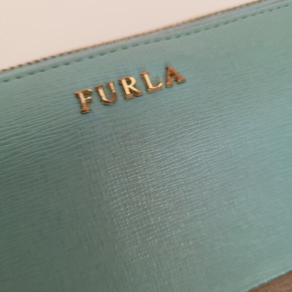 Furla Wallet Large Teal Blue Gray Two Block Genuine Leather Italian Zip Around - Picture 12 of 13